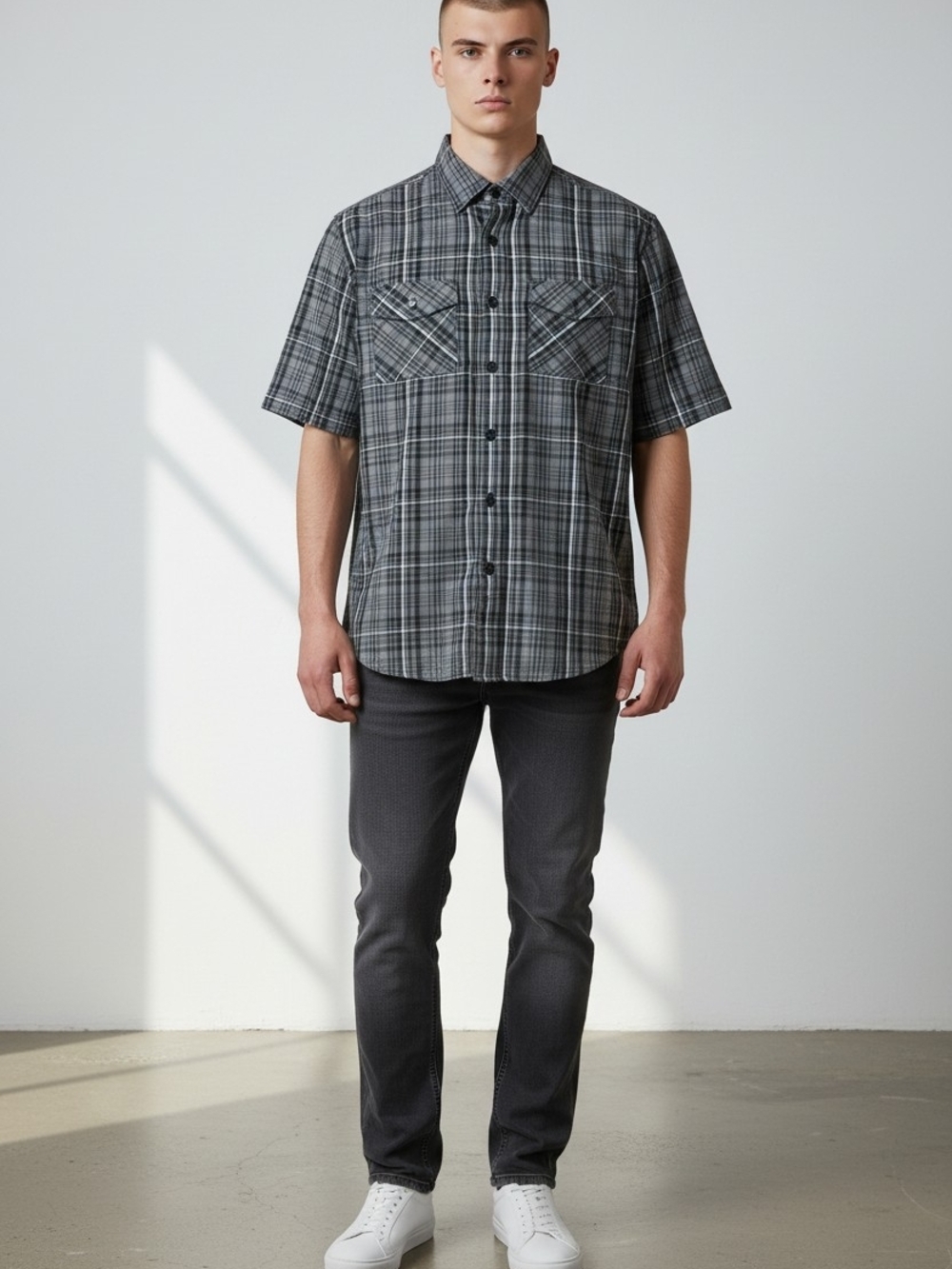 Harley-Davidson Men’s Black & Gray Plaid Short-Sleeve Button-Down Shirt